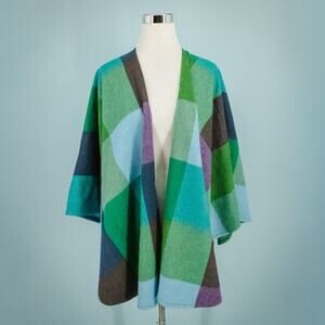 John Hanly & Co Green Blue Plaid Open Lambswool Wool Wrap Ruana Poncho Ireland